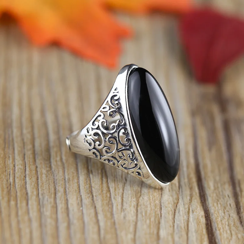 

100%S925 silver jewelry new handmade ladies temperament hollow black agate retro open ring