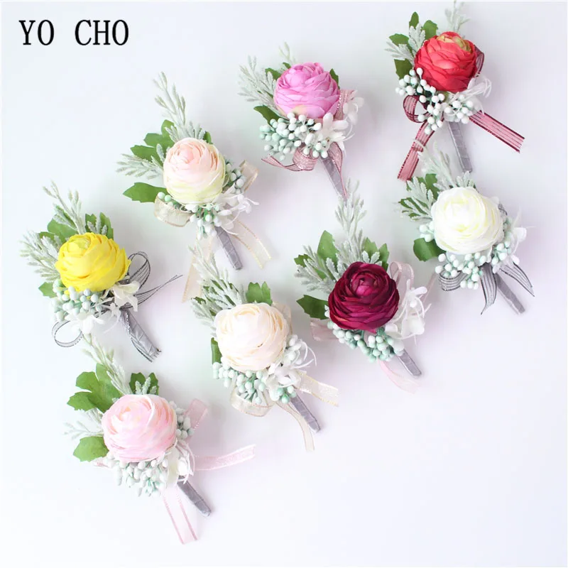 Yo cho corsages masculino casamento boutonniere noiva pulso corsage artificial flor de lótus rosa menina pulseira de pulso flor do noivo broche