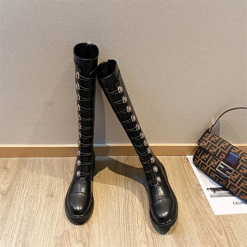 Meotina Real Leather Med Heel Knee High Boots Women Boots Block Heel Slim Stretch Shoes Zipper Female Long Boots Autumn Winter