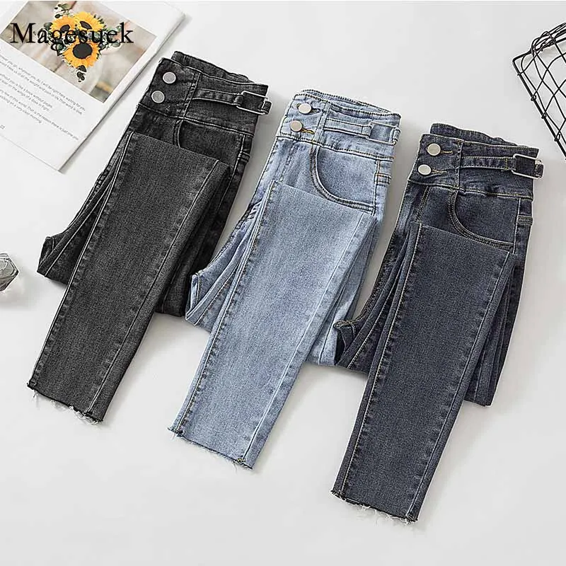 Women's Stretch Cropped Pencil Pants Elastic Cotton Denim 2020 Autumn New Double-button High Waisted Jeans  Vaqueros Mujer 11723