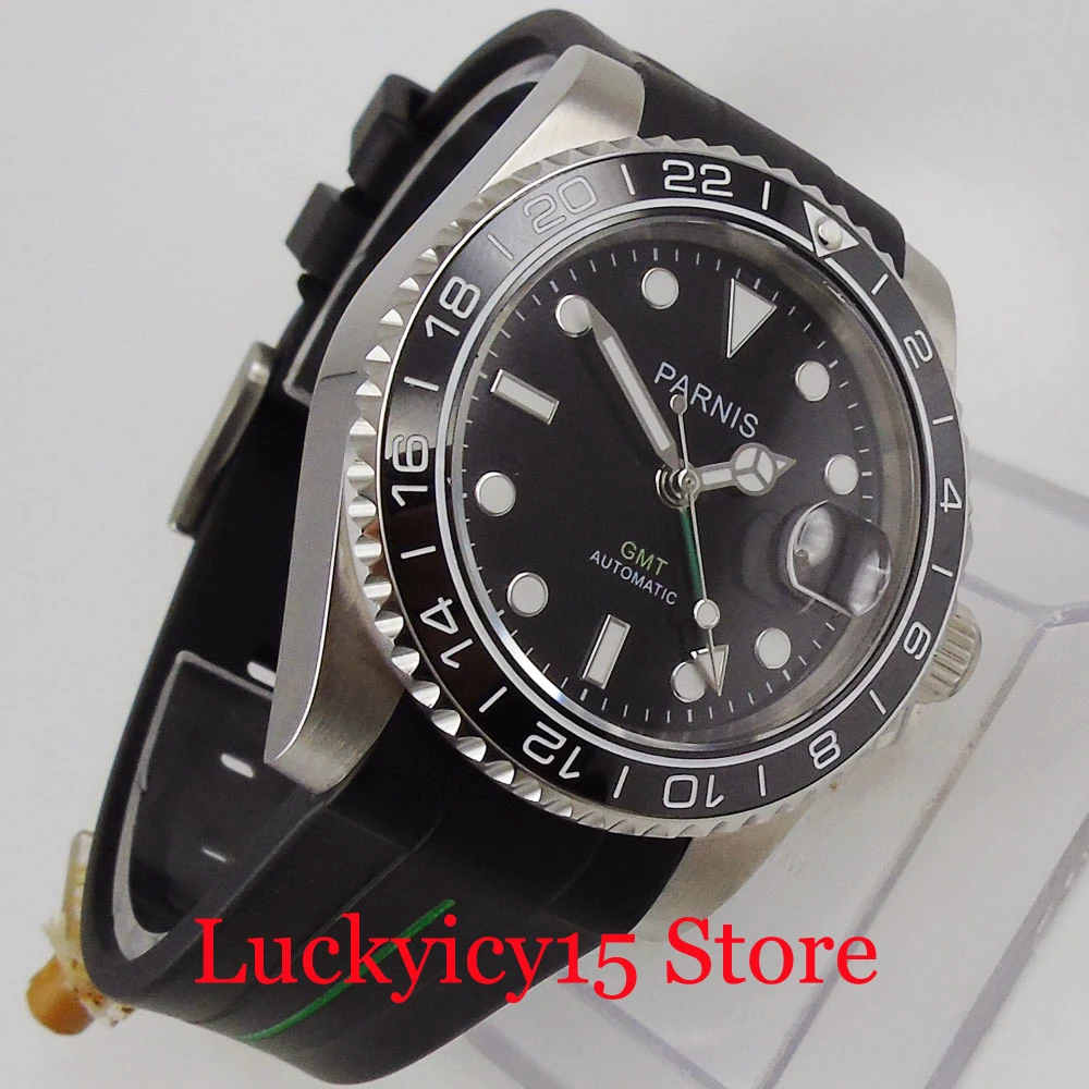 PARNIS Luxury GMT 40mm Self Winding Men Watch Sapphire Glass Rubber Band Rotating Bezel