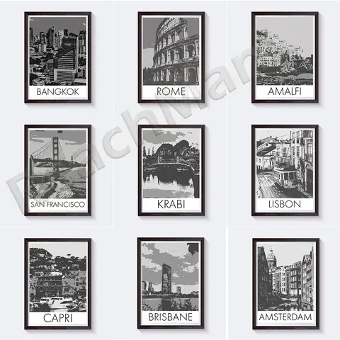 Black and white travel posters for Bangkok, Paris, Barcelona, Italy, Australia, Netherlands, Portugal, San Francisco, Thailand