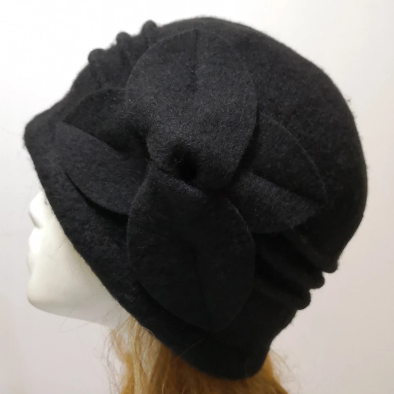 Vintage black woolen hat dome bow lotus leaf big hat lady autumn and winter hat temperament hat