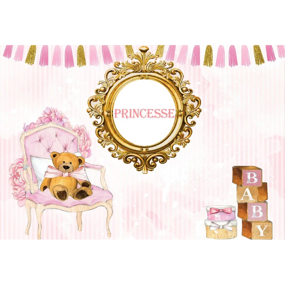 Laeacco Little Princesse niedźwiedź na urodziny i bociankowe tła dla fotografii portret dziecka dostosowane tło do zdjęć Banner