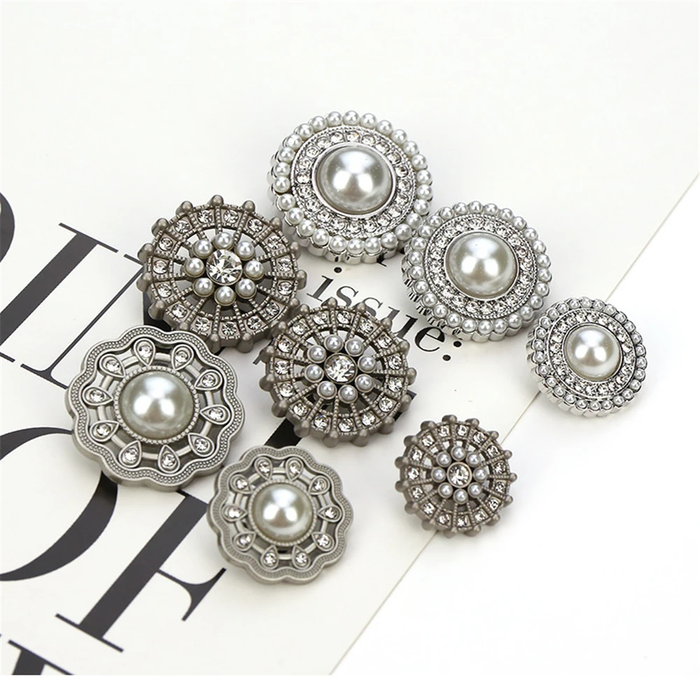 10pcs/lot Super Beautiful Diamond Pearl Buttons for Sewing Clothing Decoration Accessories Gold Silver Rhinestone Shirt Buttons