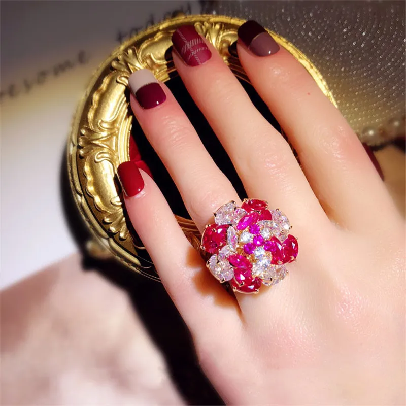 Women Rings S925 Original Multi-layer Red Flower Rotatable Open Ring Hyperbole Cubic Zirconia Index Finger Fine Jewelry