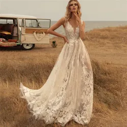 DREAM Customized Lace Boho Wedding Dresses V Neck Backless Bohemian Wedding Gown Robe De Mariée Open Back Illusion Bride Dress