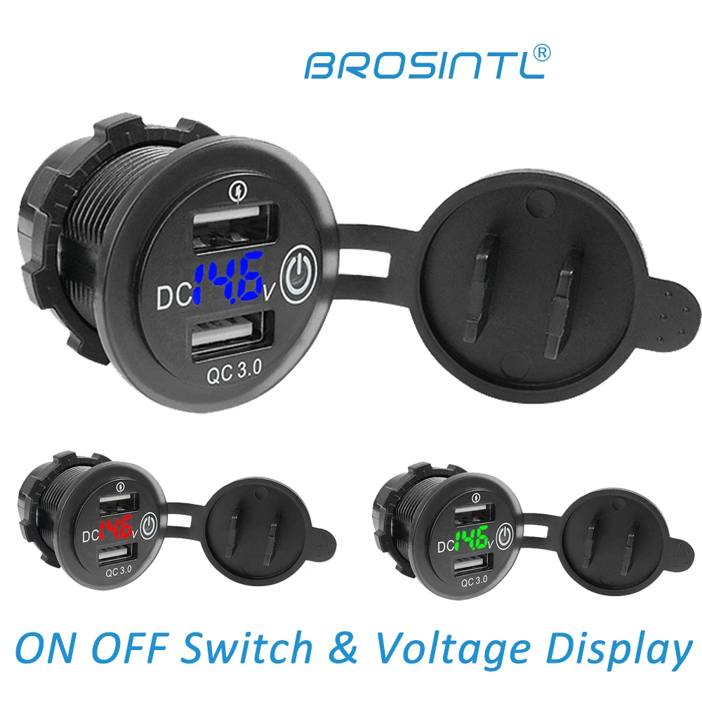 BROSINTL BC032KB | Dual Port 12V 24V Bus QC3.0 USB Car Charger Socket with Voltage Meter Voltmeter and ON OFF Touch Switch