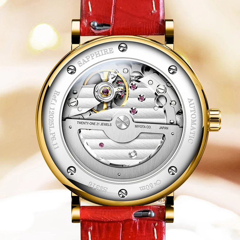 LOBINNI 새로운 MITOTA 무브먼트 여성 시계 럭셔리 라인 석 설정 시계 방수 자동 기계식 여성용 손목 시계