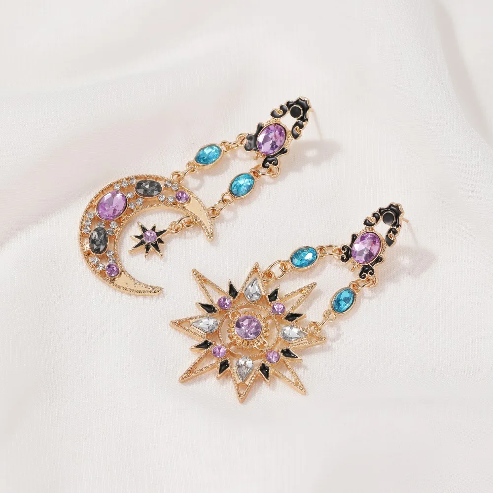 New Vintage Star Moon Asymmetric Long Dangle Earrings For Women Exaggerate Colorful Crystal Sun Earring Trend Party Jewelry Gift
