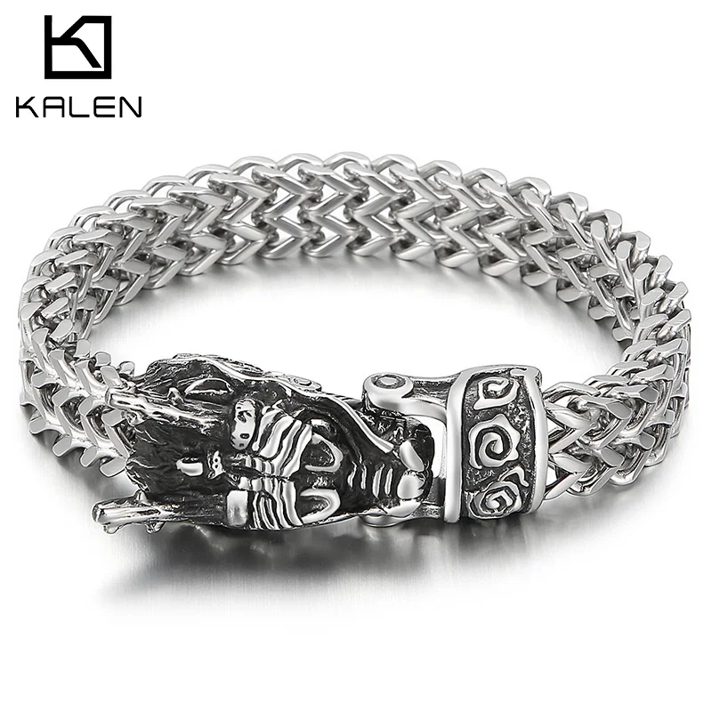 

Kalen Retro 12mm Drago Head Domineering Stainless Steel Men's Watch strap Pattern Bracelet Punk Jewelry