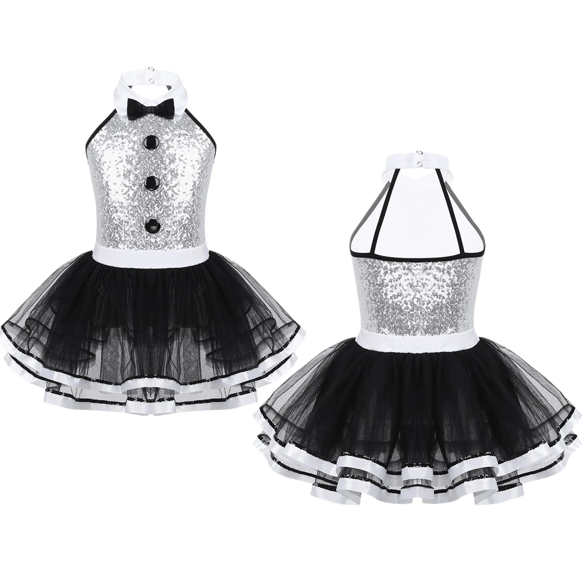 Kids Girls Sleeveless Shiny Sequins Buttons Ballet Dance Gymnastics Leotard Mesh Tutu Dress Modern Dance Performance Costume