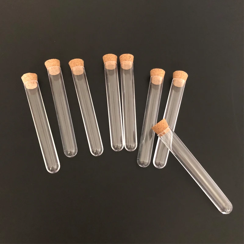 50 pieces/lot 12*60 13*78 12*100 15*100 All Sizes Plastic test tube with Cork Cap Transparent Hard Plastic tubes