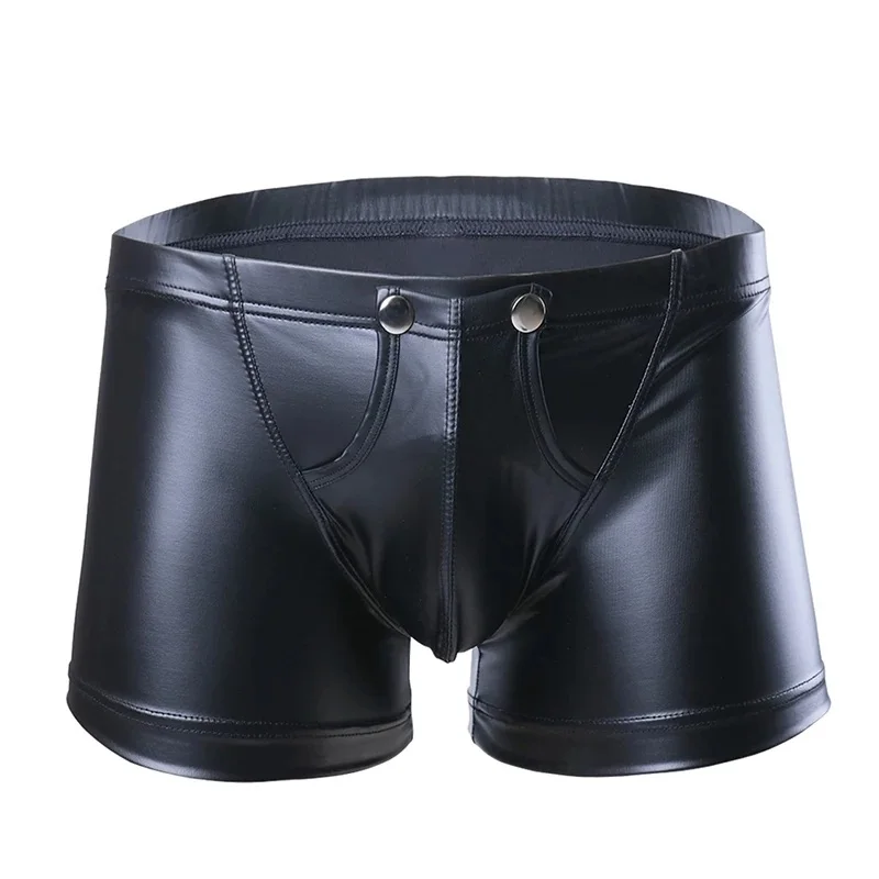 Bóxer Sexy de cuero para hombre, ropa interior erótica, entrepierna abierta, brillante, informal, PVC, látex, sin entrepierna