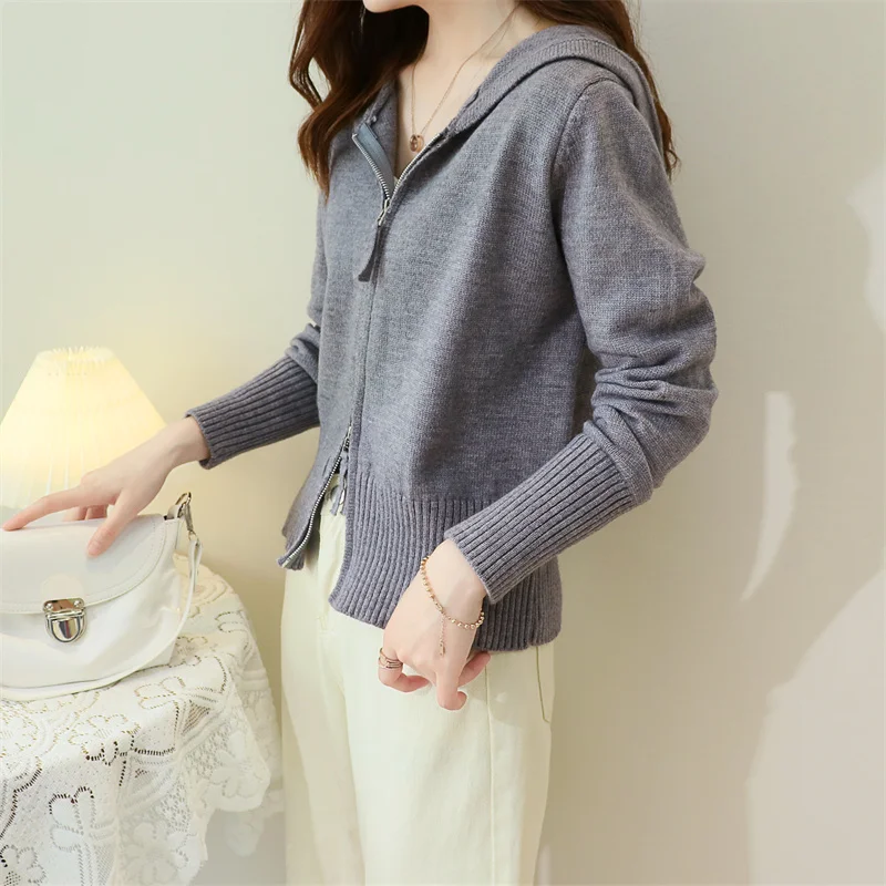 Hooded Women Cardigan Sweater Short Zipper Preppy Style Campus Student Cardigans Knitted Soft Female Jumpers Top Outfits 2021