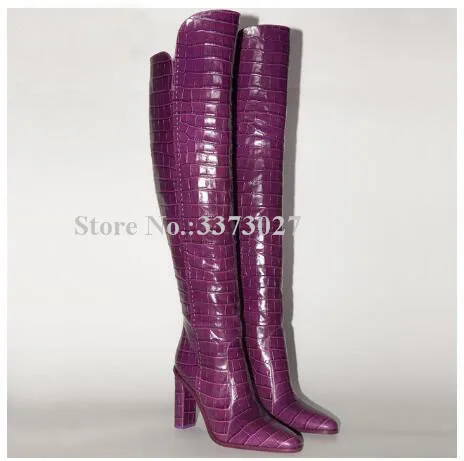 New Crocodile Leather Chunky Heel Women Long Boots Sexy Brown Purple Red Yellow Green Black Thick Heel Over the Knee Boots Lady