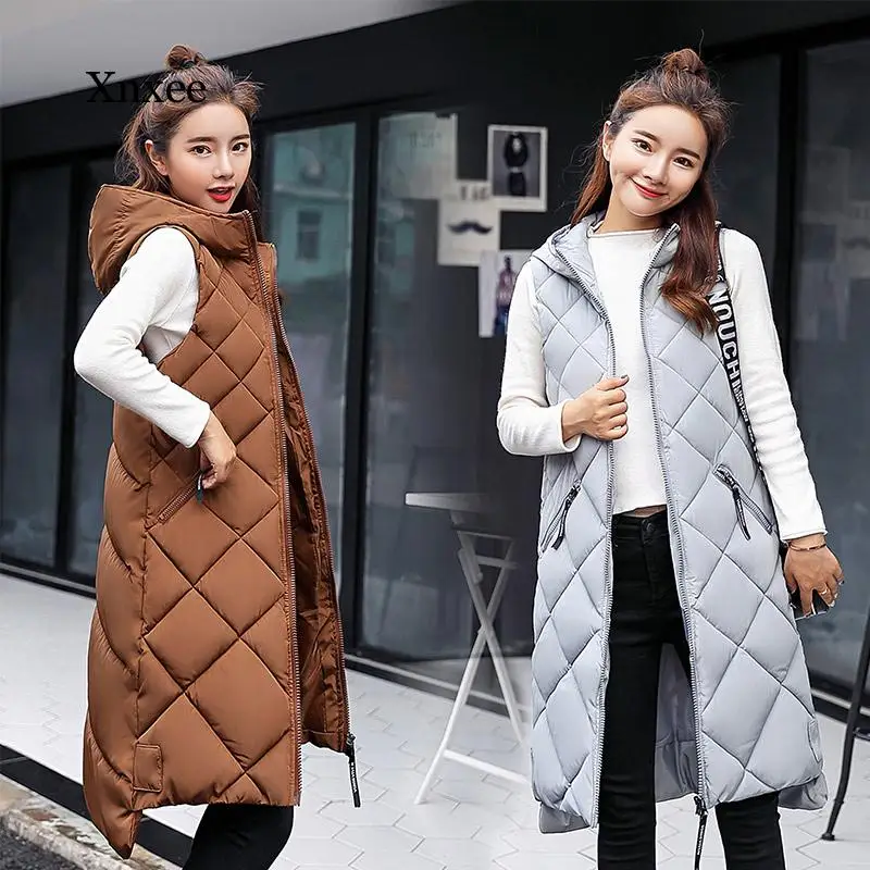 Women's  3Xl Vest Waistcoat Quilted Padded Cotton Long Vests Women Korean Style Spring Autumn Hooded Sleeveless Jackets