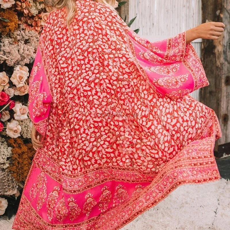 Womens Spring Vacation Chiffon Kimono Cardigan Retro Red Floral Printed Swimsuit Cover Up Loose Mid-Calf Maxi Length Beach Dress