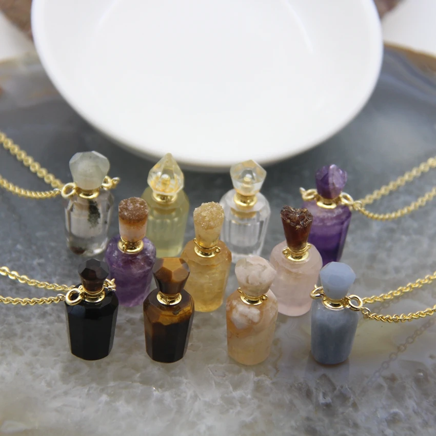 

Natural Stones Perfume Bottle Quartz Pendants,Healing Crystal Essential Oil Diffuser Golden Necklace Jewelry For Women Gifts