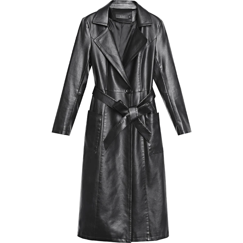 Primavera terno de couro genuíno das mulheres gola longa jaqueta nova outono senhoras cinto fino blusão tendência outerwear senhora trench coat