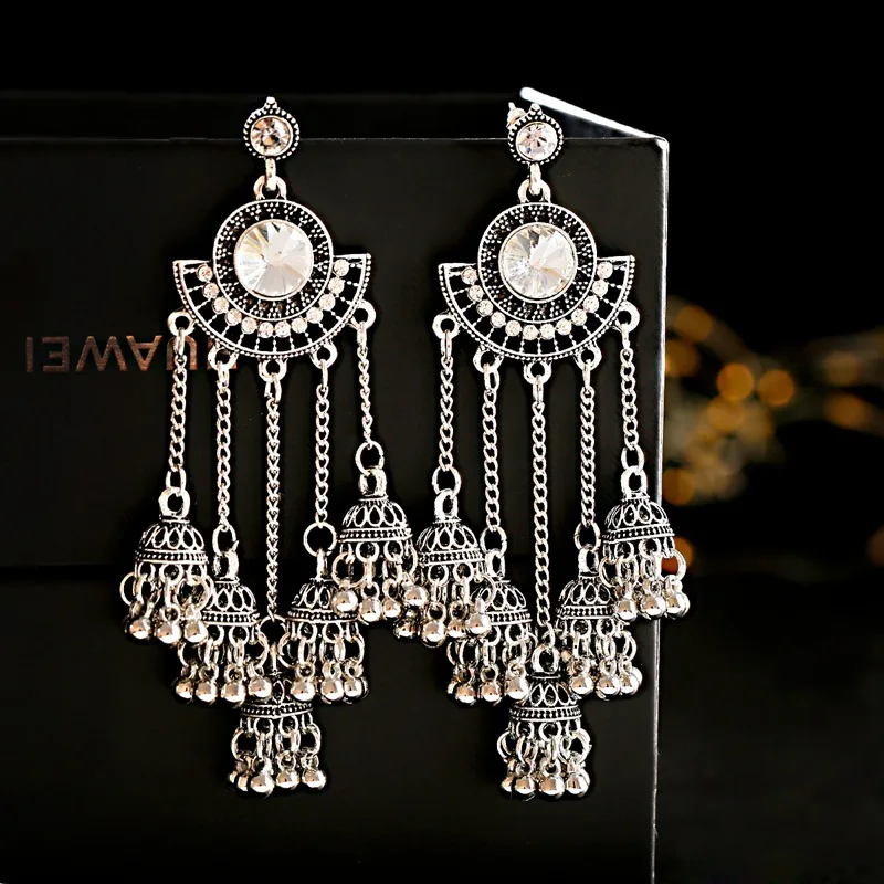 Women\'s Retro Big Gold Color Jhumka Earrings Indian Jewelry Classic White Beads Long Chain Tassel Dangle Earrings Hangers
