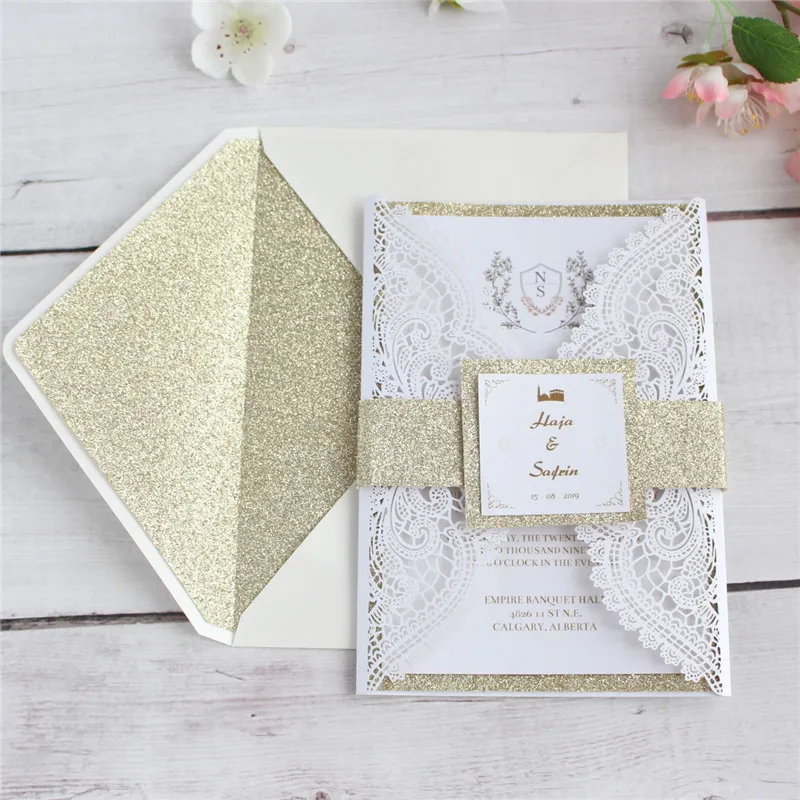 Personalized invitations for wedding engagement party with glitter lining insert envelop belly band party decoration multi color