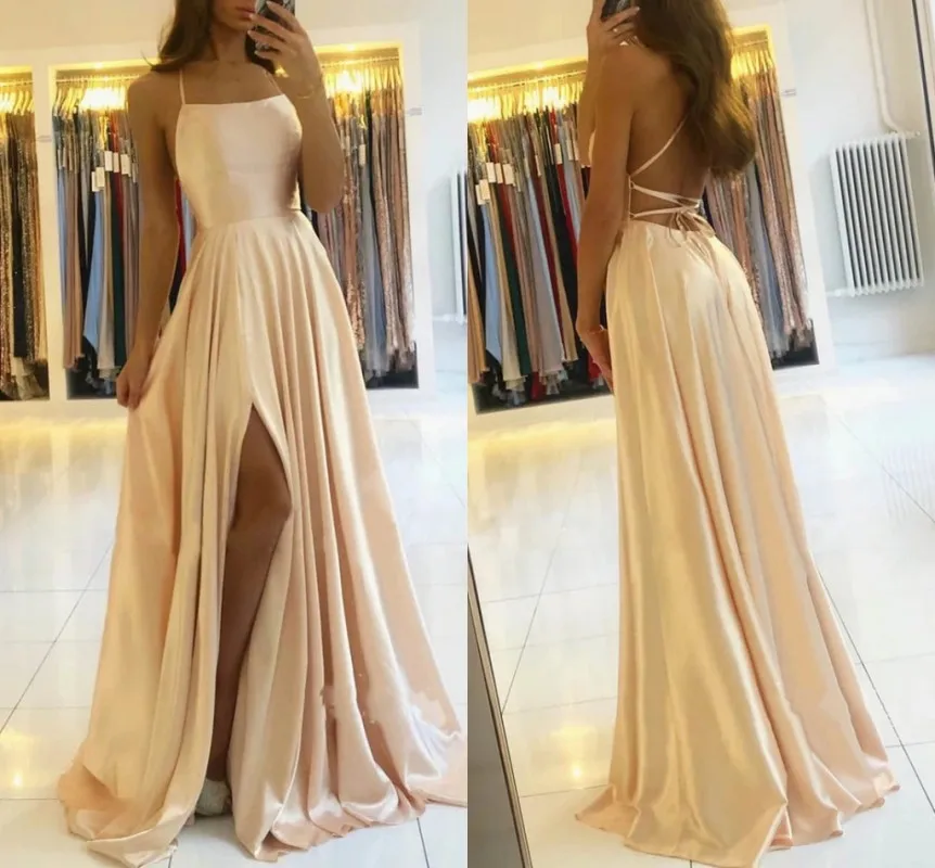 Vestido de noite feminino formal com alças, divisão alta longa, cetim de seda, vestidos de baile, novo, 2024