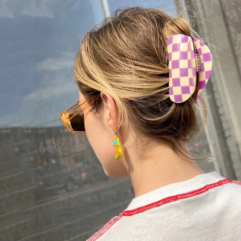 Acetate Checkered Hair Claw Irregular Geometric Large Size Colorful Plaid Grid Hair Clip Grab Ins New Women Headwear Accessories