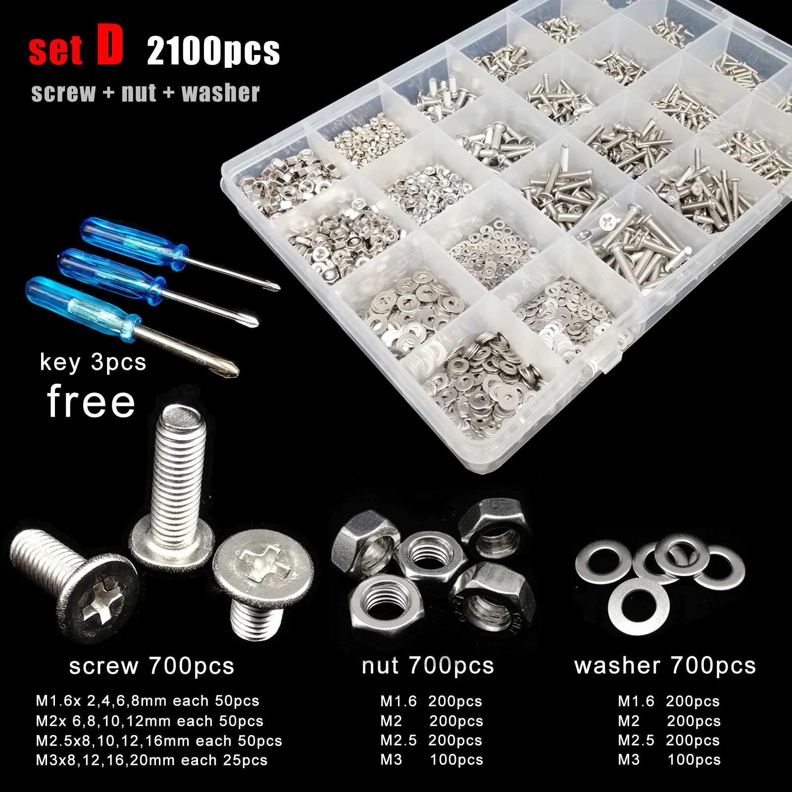 400/2100pcs M1.6 M2 M2.5 M3 M4 M5 304 A2 Stainless Steel Cross Phillips Flat Ultra Thin Head Screw Bolt Nut Washer Set Kit Box