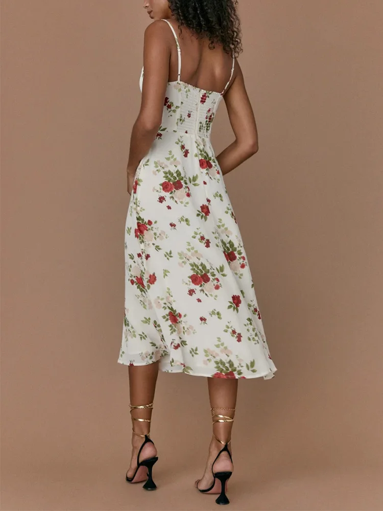 Spaghetti Strap Summer Dress For Women 2022 Sleeveless Vacation Beach Slip Dress Back Smocked Elegant Vintage Floral Midi Dress