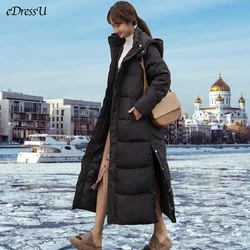 eDressU Women Long Down Jacket Hooded Winter Thick Parka Coat Korean Black Warm Parkas High Quality Daily Casual Outwear LD-805