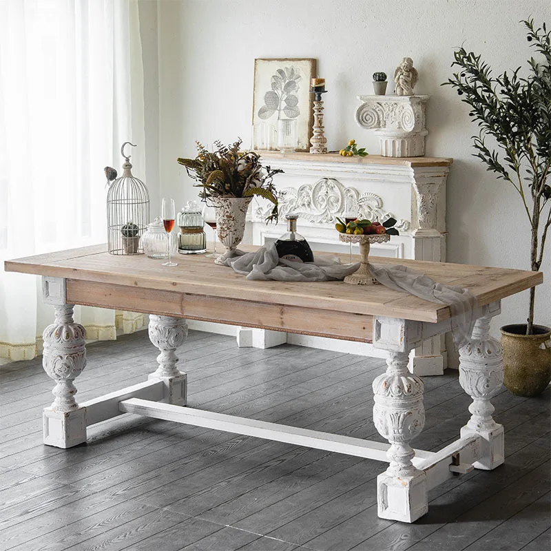 American Country Carved Vintage Old Coffee Table French White Solid Wood Rectangular Large Dining    Meeting