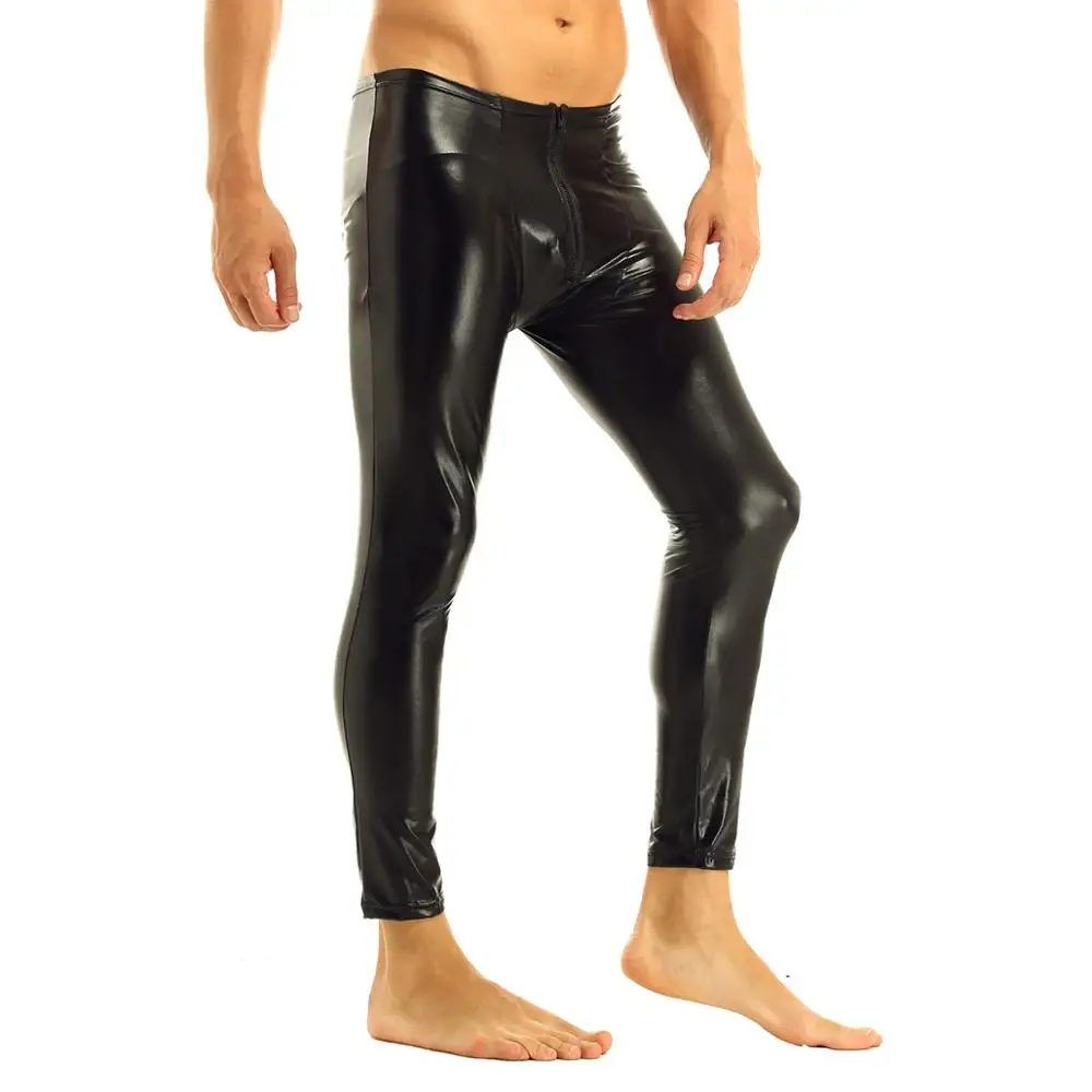 Mens Patent Leather Pants Stage Skinny Performance Pants Stretch Leggings Men Sexy Bodywear Trousers Underwear Clubwear