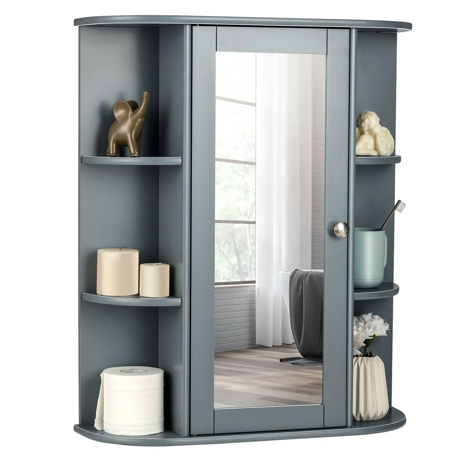 Costway Bathroom Cabinet Single Door Shelves Wall Mount Cabinet W/ Mirror Grey  HW58718GR