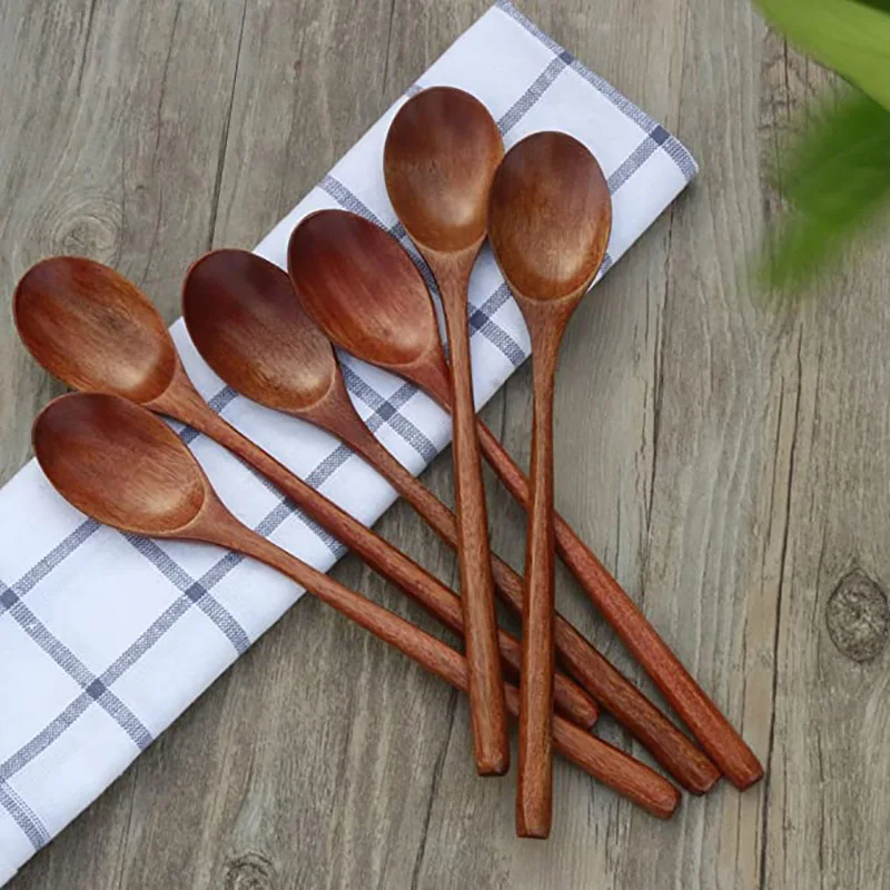 Cucharas de madera para sopa, utensilios de cocina de mango largo, 6 piezas