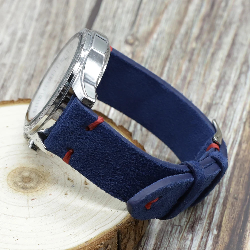 Genuine Suede Leather Vintage Watch Band 18mm 20mm 22mm 24mm Blue Brown Handmade Stitching Watch Strap Replacement Wristband