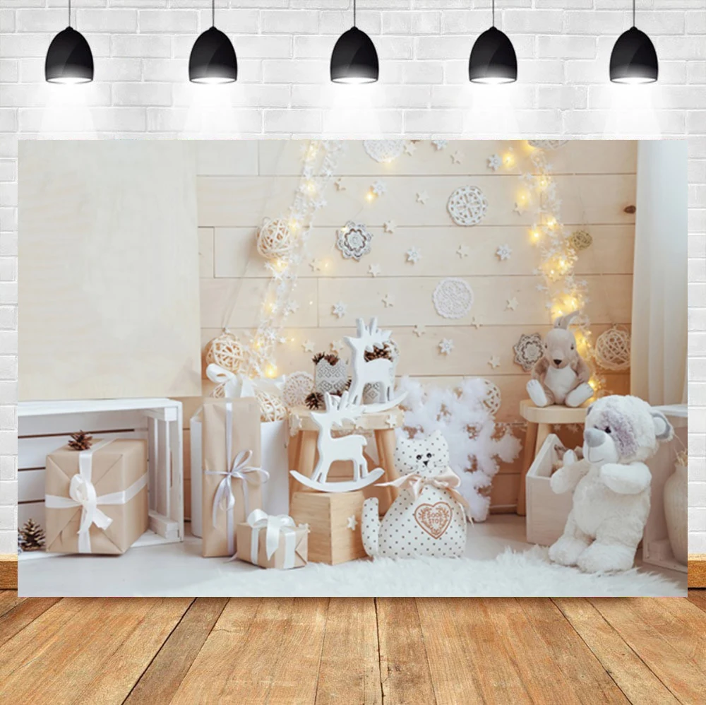 

Laeacco White Cartoon Doll Snowflake Christmas Gift Baby Birthday Portrait Backdrop Photographic Photo Background For Photo Stud