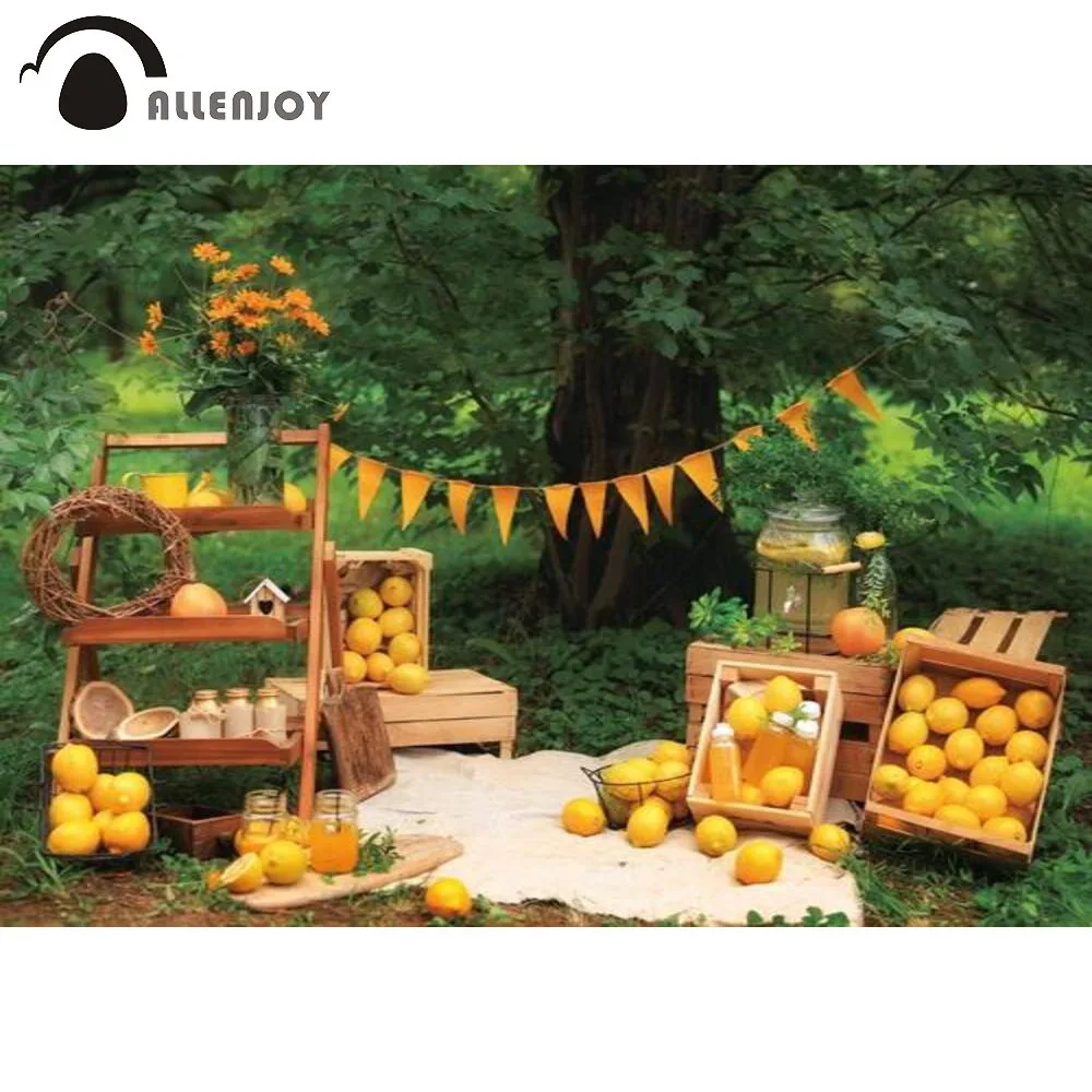 

Allenjoy Autumn Picnic Backdrop Forest Trees Lemons Oranges Daisy Wildlife Birthday Party Decoration Background Photocall Props