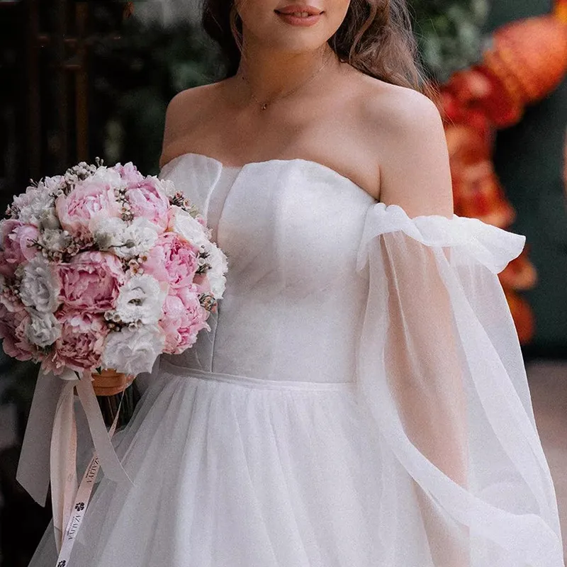 Princess Strapless Wedding Dress 2024 Puff Long Sleeves Off Shoulder Court Train Vestido De Noiva Organza Bridal Gown Simple