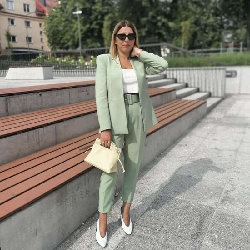 Woman Elegant Solid Slim Blazer Suit 2021 Spring Casual Female High Waisted Pencil Pants Suits Office Ladies 10 Color 2 Pcs Sets