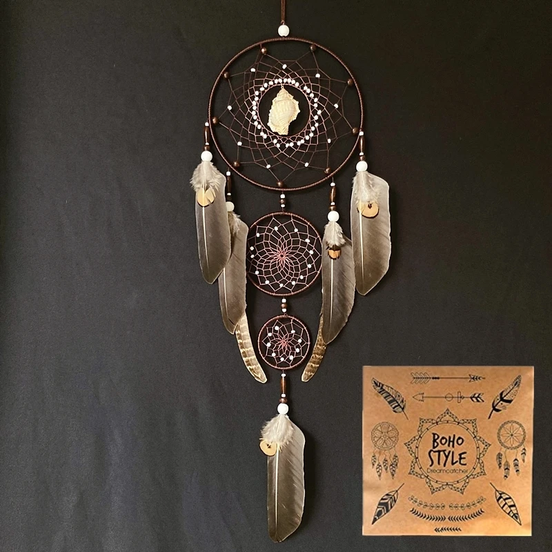Большие коричневые тройные кольца Ловца снов, железные кольца ручной работы, украшение с перьями для комнаты, дома вечерние, с ракушкой