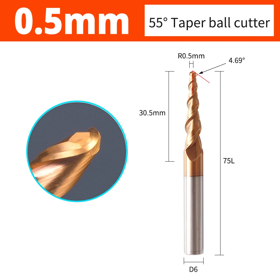 AUGT HEC60 Tapered Ball Nose End Mill Tungste Carbide Wood Engraving CNC Router Bit Milling Cutter R0.25/R0.5/R0.75/R1.0/R2.0