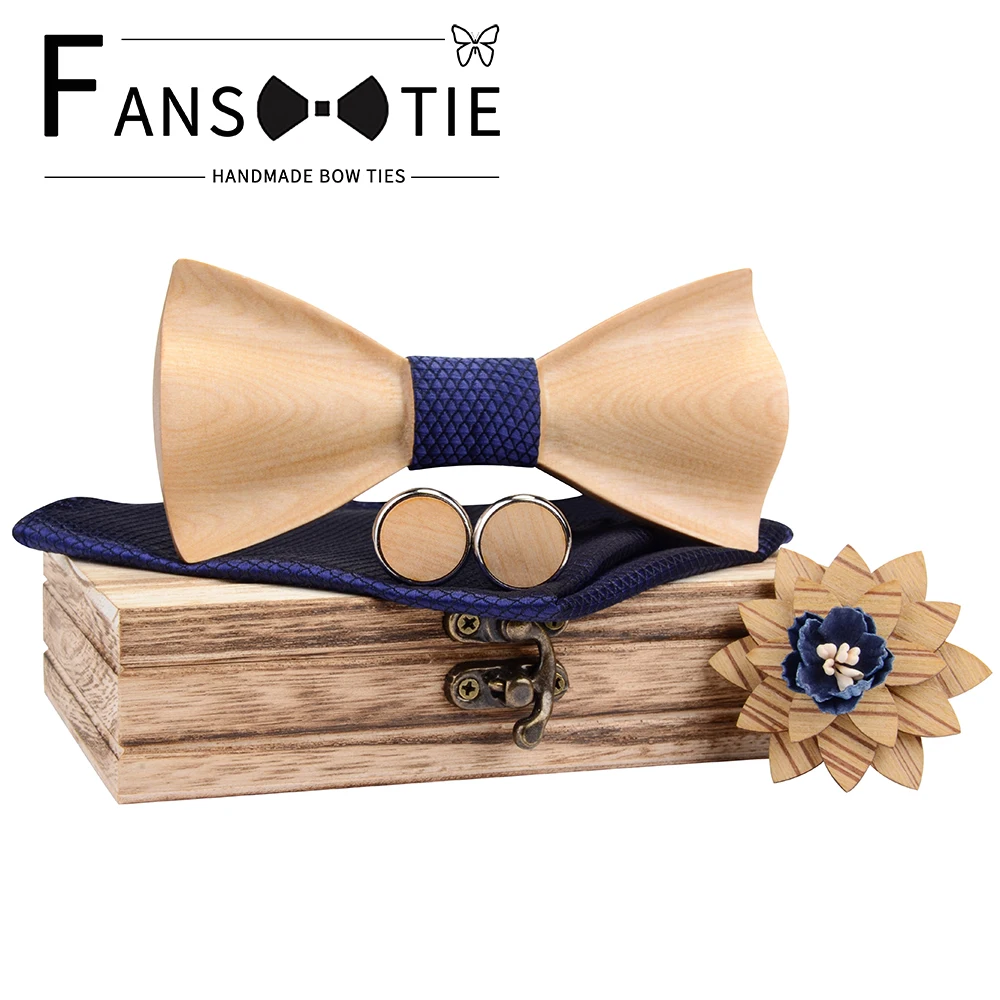 

Navy Slim 3D Wooden Bow Tie Set Floral Silk Handkerchief Cufflink Brooch Wood Bowtie Set Box For Men Wedding Novelty Neck Ties