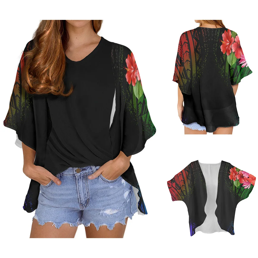 Cardigan Women Polynesian Tribe Hibiscus Printing Tops Chiffon Beach Cardigan Blouse Shawl Tops Outwear Autumn Woman Clothing