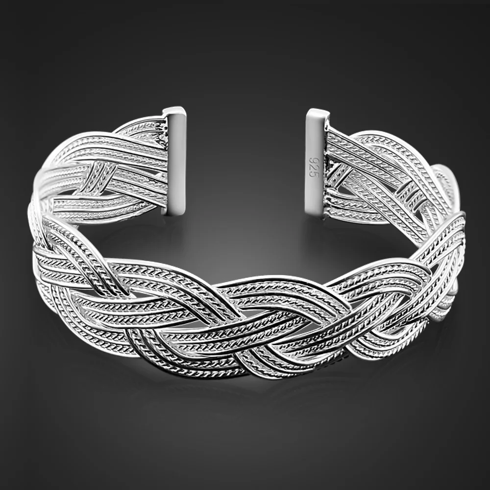 

Fashion 100% 925 Sterling Silver Bracelets For Women Personality Braided Mesh Exaggerated Wide 21 MM Bracelet Jewelry Gift