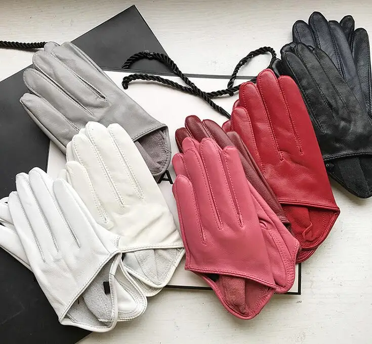 Women's Natural Sheepskin Leather Solid White Color Half Palm Gloves Female Genuine Leather Fashion Short Driving Glove R1169