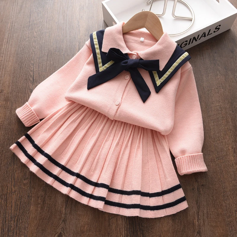 Winter Baby Girls Long Sleeve Knitted Dress Bow Children Warm Lapel Sweater Dress for Girls Infant Casual Pleated Princess Dress