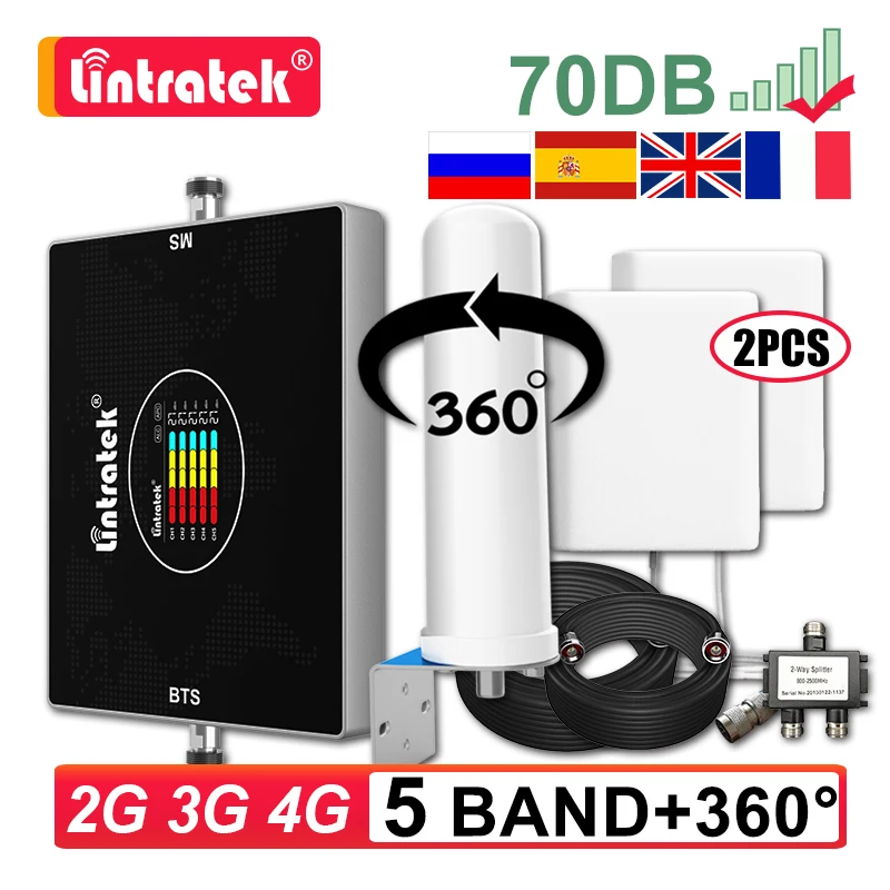 Lintartek 5 Five Band Mobile Cellular Amplifier LTE B20 800 900 1800 2100 2600 B7 GSM 2G 3G 4G Signal Booster Repeater 2 Way Kit