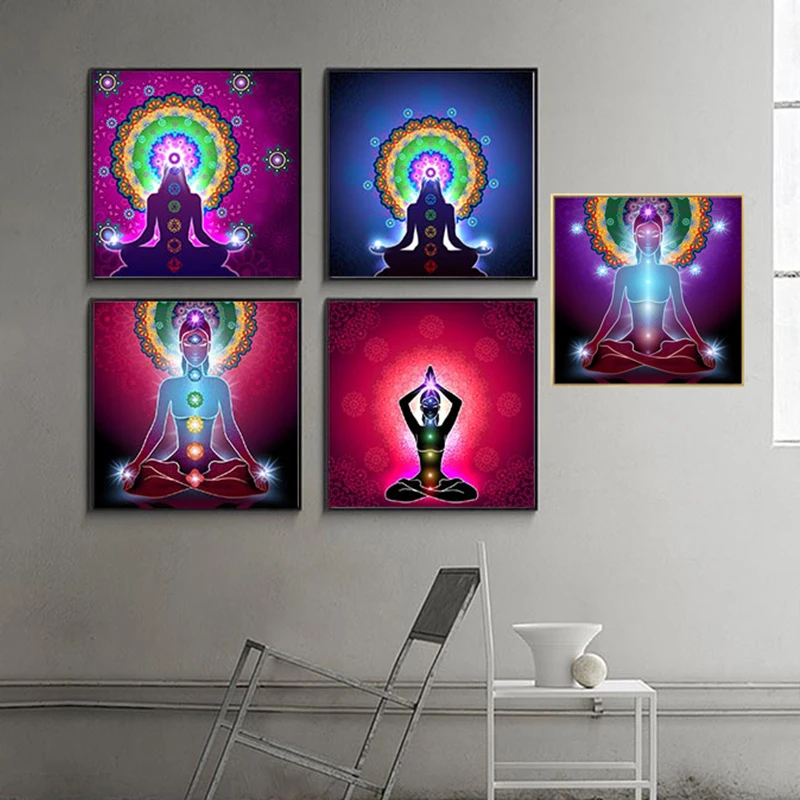 Canvas Art Posters Prints Indian Buddha Statue Meditation 7 Chakra Mandala Psychedelic Yoga Boho Wall Art Paintings Home Decor