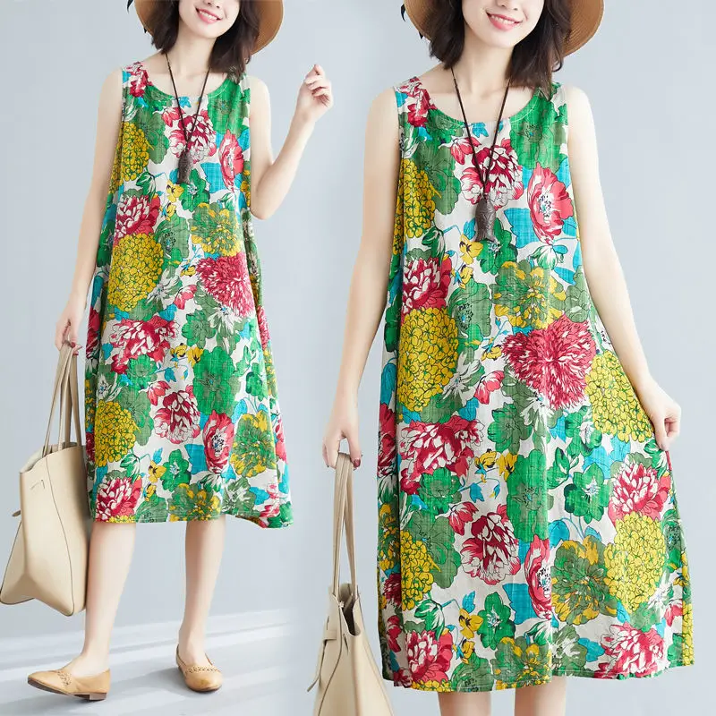 Dress Women's 2024 Summer New Sleeveless Strap   Women Dresses Printed Midi Woman Dress Vestido De Mujer Femme Robe